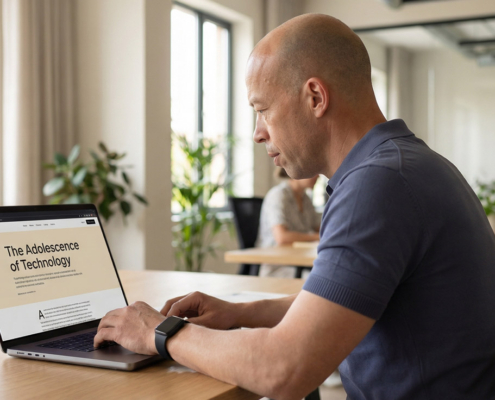 man leest essay: "AI pubertijd loopt ten einde" op laptop