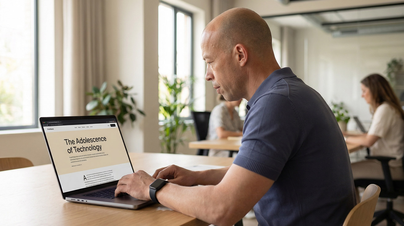 man leest essay: "AI pubertijd loopt ten einde" op laptop